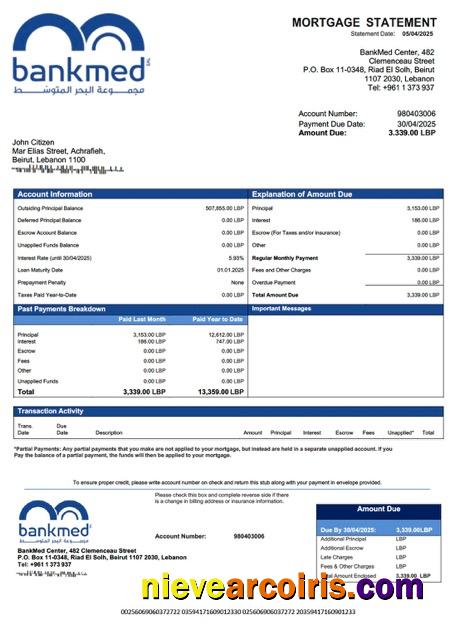 Lebanon BankMed mortgage statement Word and PDF template